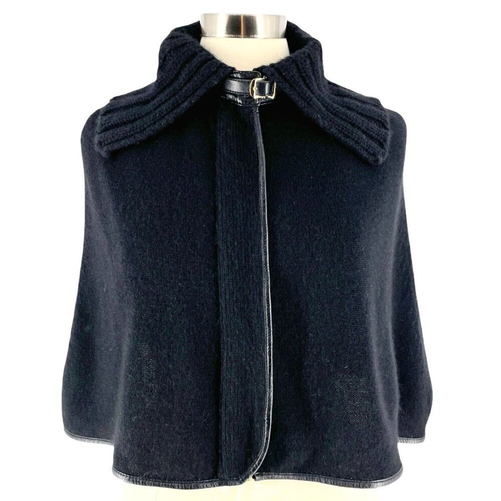 Henri Bendel Cashmere Knit Capelet Full Zip Black Leather Trim Buckle Neck OS